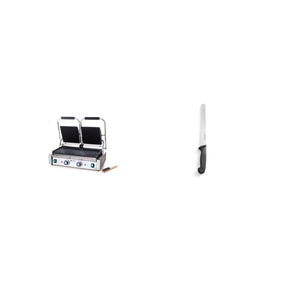 Contact grill dublu (striat/neted) + Cuțit pâine negru