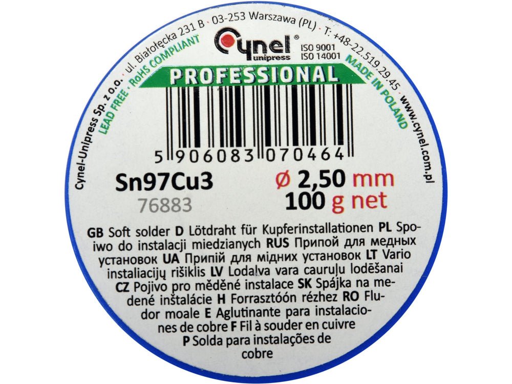 COSITOR FARA PLUMB, 2,5MM, 100G, SN97CU3 Toya 76883 Toya - scule electrice si unelte profesionale - BricoMart