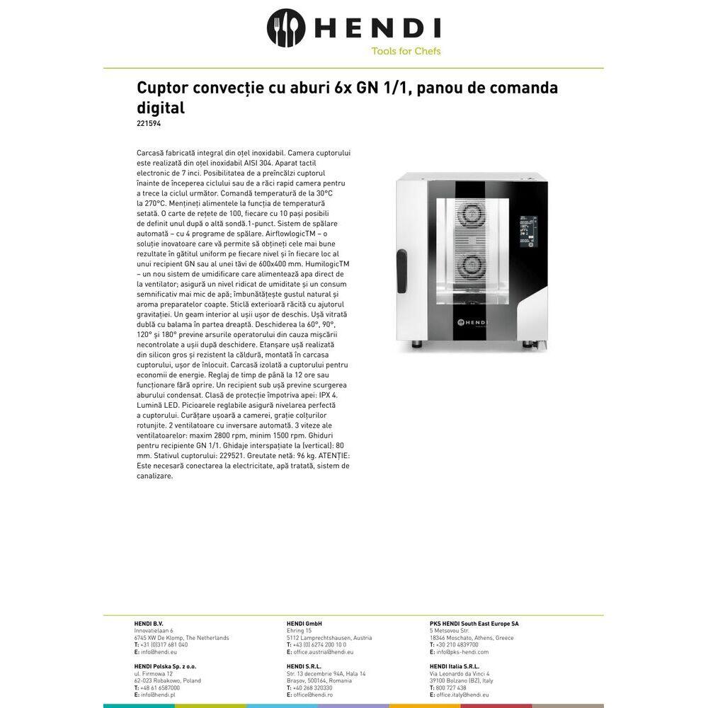 Cuptor convectie cu aburi Hendi Smart 6xGN1/1, touch screen, MF611BM, 400V/10400W, 730x784x(H)850mm