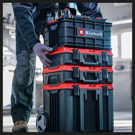 Cutie de scule originala Einhell E - Case, maxim 90 kg, stivuibila, cu inchidere, poate fi combinata cu sistemul Einhell E - Case, depozitare si transport scule si accesorii Einhell - scule electrice si unelte profesionale - BricoMart