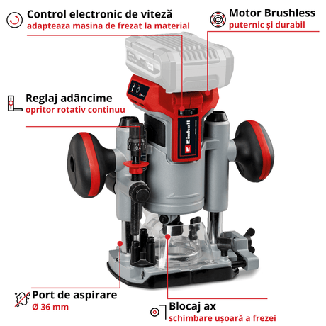 Freza electrica pe acumulator Einhell Professional TP - RO 18 Li BL - Solo Power X - Change (18 V, Li - ion, inaltime cursa 35 mm, motor fara perii, inclusiv ghidaj longitudinal, fara acumulator si fara incarcator Einhell - scule electrice si unelte profesionale - BricoMart