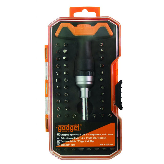 GADGET Surubelnita cu clichet ,maner T "2 in 1" cu biti , 61pcs set Schimbarea rapida a biti - lor Maner tip "T" Cutie utila de depozitare, din plastic Gadget - scule electrice si unelte profesionale - BricoMart