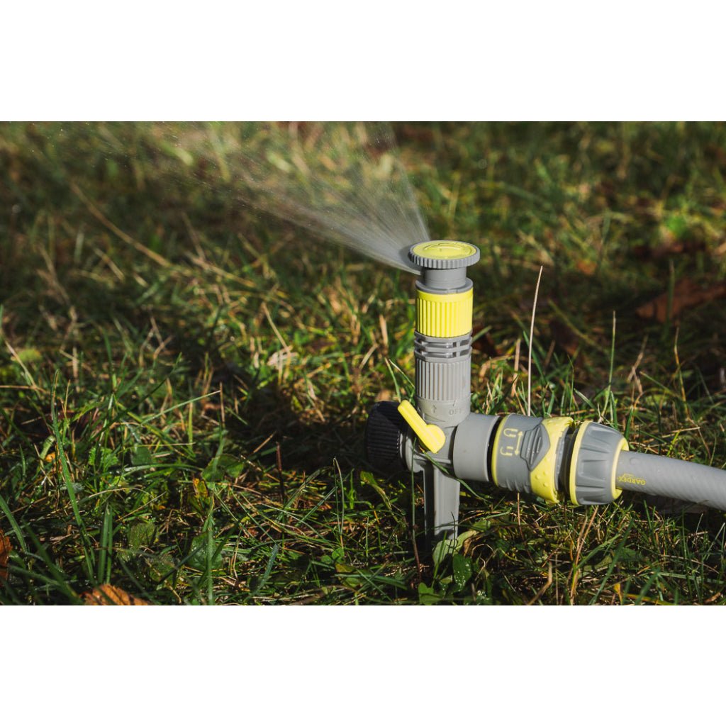 GARDEX Aspersor 360 de grade, sector ajustabil GX Potrivit pentru toate tipurile de soluri și plante Distribuția uniformă a apei pe zona irigată Rotație orizontală de 360 Gardex - scule electrice si unelte profesionale - BricoMart