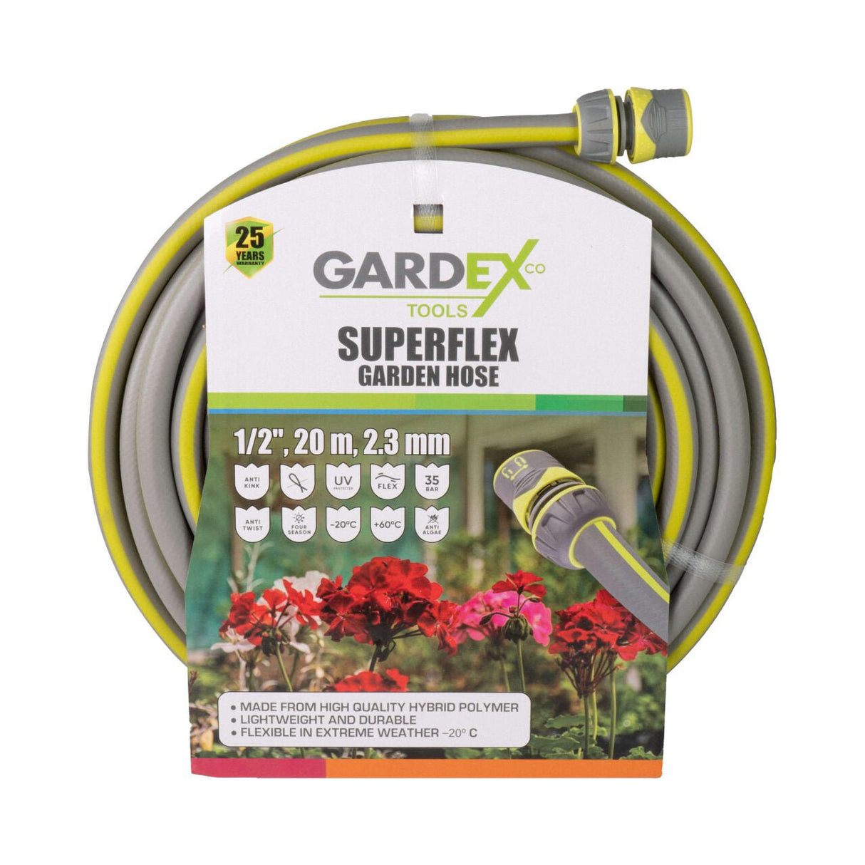 GARDEX Furtun de gradina SUPERFLEX 1/2", 20m, 2.3mm GX Fabricate din polimer hibrid rezistent la temperaturi de - 20 °C la +60 °C Rezistent la o presiune maximă de 35 de bari F Gardex - scule electrice si unelte profesionale - BricoMart