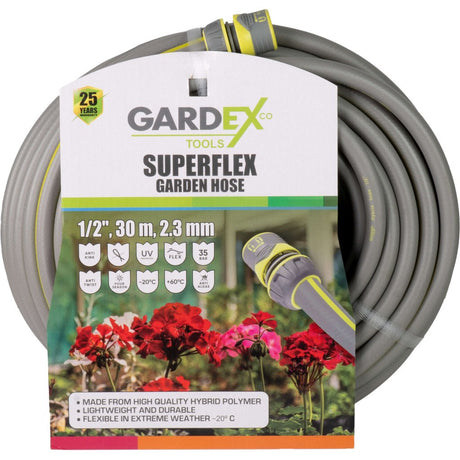 GARDEX Furtun de gradina SUPERFLEX 1/2", 30m, 2.3mm GX Fabricate din polimer hibrid rezistent la temperaturi de - 20 °C la +60 °C Rezistent la o presiune maximă de 35 de bari F Gardex - scule electrice si unelte profesionale - BricoMart