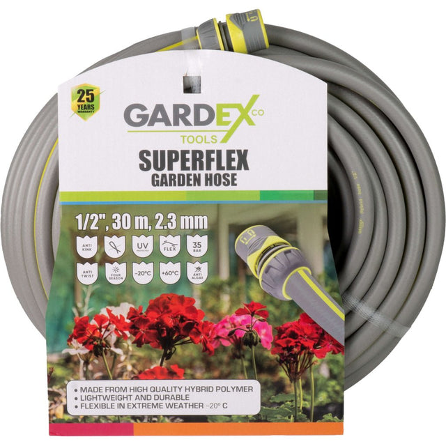 GARDEX Furtun de gradina SUPERFLEX 1/2", 30m, 2.3mm GX Fabricate din polimer hibrid rezistent la temperaturi de - 20 °C la +60 °C Rezistent la o presiune maximă de 35 de bari F Gardex - scule electrice si unelte profesionale - BricoMart