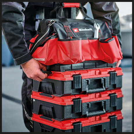 Geanta originala Einhell E - Case, maxim 30 kg, stivuibila, cu inchidere, poate fi combinata cu sistemul Einhell E - Case, depozitare si transport scule si accesorii Einhell - scule electrice si unelte profesionale - BricoMart