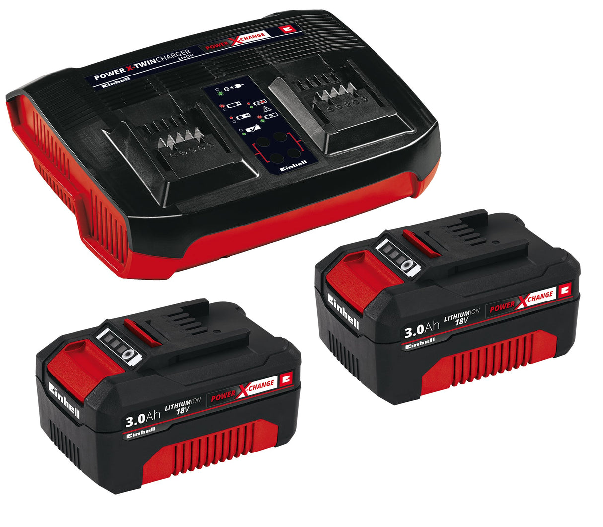 Kit 2 acumulatori si incarcator original Einhell 3,0 Ah, incarcator dublu Power X - Change, Li - Ion, 18 V, timp de incarcare de 60 min, potrivit pentru toate dispozitivele Power X - Change Einhell - scule electrice si unelte profesionale - BricoMart