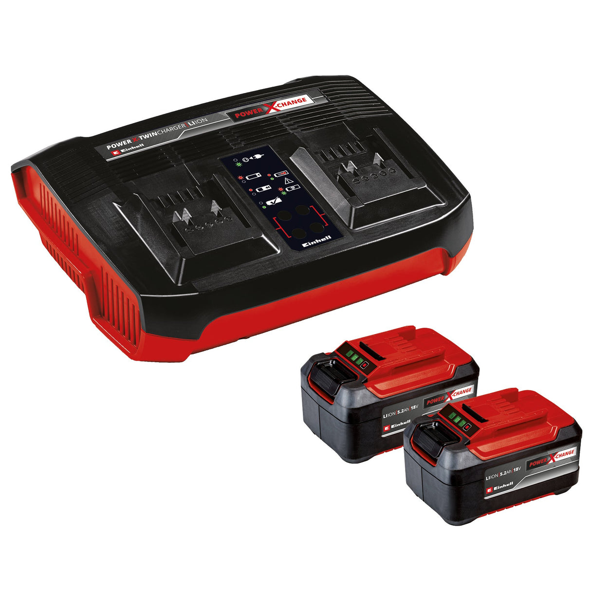 Kit 2 acumulatori si incarcator original Einhell 5.2 Ah Power X - Change, Litiu - ion, 18 V, 2 baterii de 5,2 Ah si incarcator dublu, potrivit pentru toate dispozitivele Power X - Change Einhell - scule electrice si unelte profesionale - BricoMart