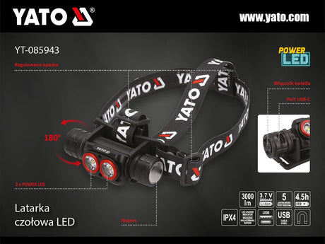 LAMPA FRONTALA CU ACUMULATOR 3000LM Yato YT - 085943 - 3000 lm, 160 m, 15 W, 1000 lm Yato - scule electrice si unelte profesionale - BricoMart
