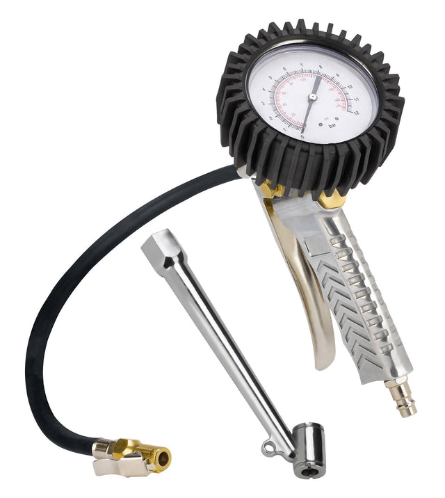 Manometru pentru mflarea anvelopelor, Einhell profesional, accesorii compresor, presiune de lucru 0 - 8 bar, supapa de eliberare, adaptor de umflare a anvelopelor cu dopuri duble, furtun de 44 cm Einhell - scule electrice si unelte profesionale - BricoMart