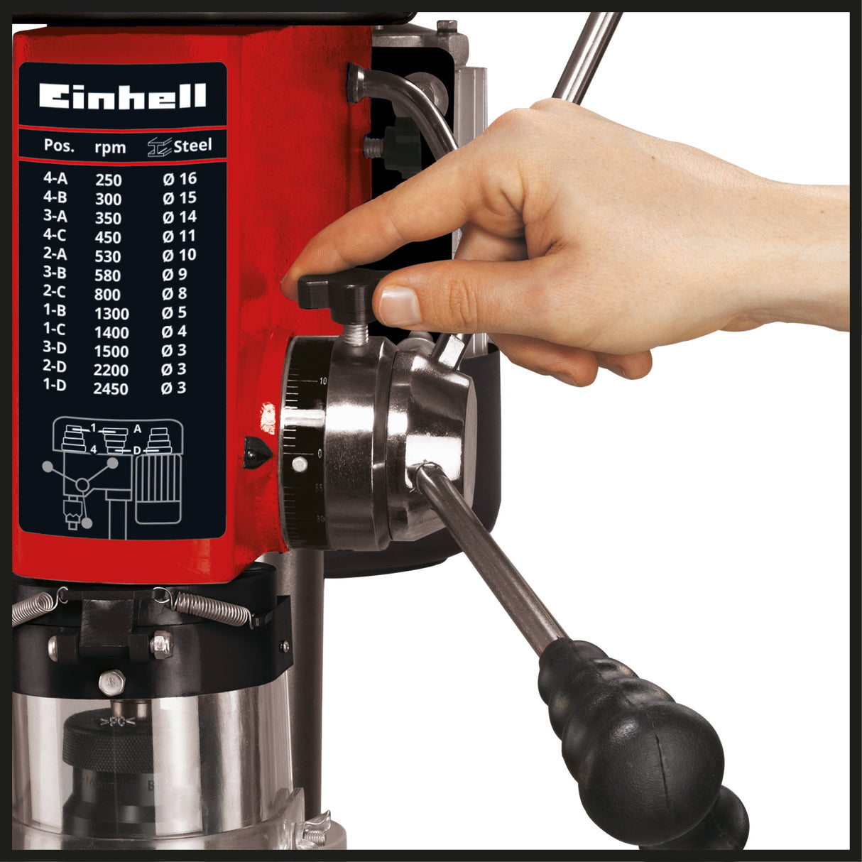 Masina de gaurit cu coloana Einhell TC - BD 630, 630 W, max. 2.450 rpm, 12 setari, adancime max. de gaurire 60 mm, mandrina MK2, opritor de adancime reglabil, masa de gaurit cu functie de inclinare si pivotare, incl. menghina Einhell - scule electrice si unelte profesionale - BricoMart
