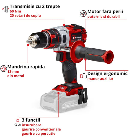 Masina de gaurit si insurubat (bormasina) cu impact Einhell Professional TP - CD 18 Li - i BL Solo Power X - Change, 18 V,motor fără perii, 60 Nm, 2 viteze, mandrină metalică de 13 mm, lumină LED, fara acumulator Einhell - scule electrice si unelte profesionale - BricoMart