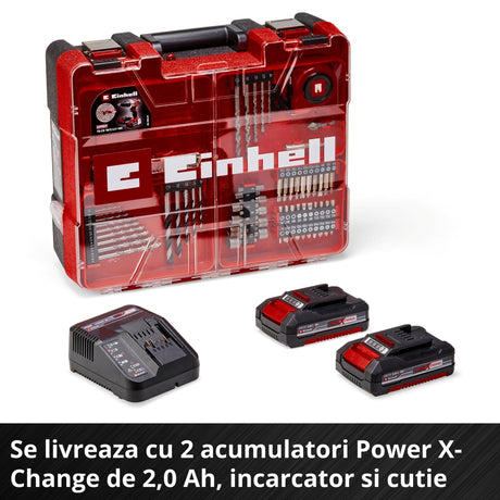 Masina de gaurit si insurubat (bormasina) cu impact pe acumulator Einhell TE - CD 18/2 Li - i +64, 2x2.0 Ah Power X - Change, Li - ion, 18 V, 44 Nm, cutie de viteze cu 2 trepte, incl. acumulator de 2.0 Ah, incarcator rapid si set de accesorii cu 64 de piese Einhell - scule electrice si unelte profesionale - BricoMart
