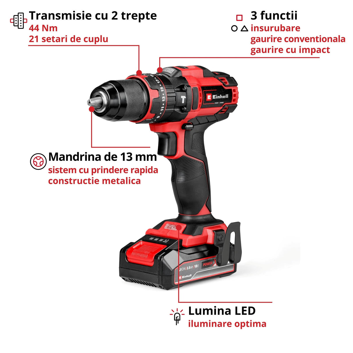 Masina de gaurit si insurubat (bormasina) cu impact pe acumulator Einhell TE - CD 18/44 Li - i (1x2.5 Ah Power X - Change, 18 V, 44 Nm, mod de gaurire cu impact, mandrina metalica de 13 mm, 2 viteze, inclusiv acumulator de 2.5 Ah si incarcator Einhell - scule electrice si unelte profesionale - BricoMart