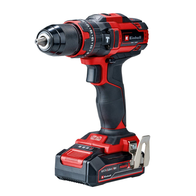 Masina de gaurit si insurubat (bormasina) cu impact pe acumulator Einhell TE - CD 18/44 Li - i (1x2.5 Ah Power X - Change, 18 V, 44 Nm, mod de gaurire cu impact, mandrina metalica de 13 mm, 2 viteze, inclusiv acumulator de 2.5 Ah si incarcator Einhell - scule electrice si unelte profesionale - BricoMart