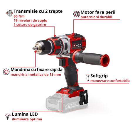Masina de gaurit si insurubat (bormasina) pe acumulator Einhell Professional TP - CD 18 Li Brushless Solo Power X - Change Li - Ion, Rosu, 18 V, 2 viteze, 60 Nm, motor fara perii, lumina LED, fara baterie si incarcator Einhell - scule electrice si unelte profesionale - BricoMart