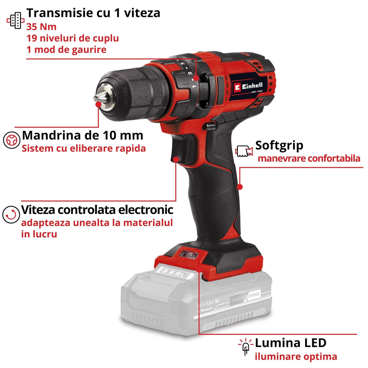 Masina de gaurit si insurubat (bormasina) pe acumulator Einhell TC - CD 18/35 Li - Solo Power X - Change, Li - Ion, 18 V, 550 rpm, 35 Nm, mandrina de 10 mm, fara baterie si incarcator Einhell - scule electrice si unelte profesionale - BricoMart