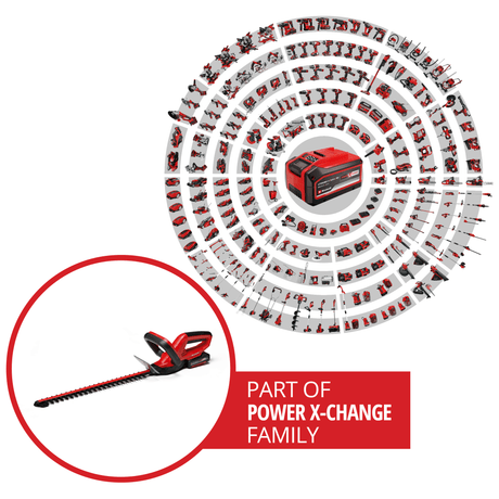 Masina de tuns gard viu pe acumulator Einhell GC - CH 1846 Li Kit Power X - Change (18 V, lungime de taiere 46 cm, distanta intre dinti de 15 mm, maner ergonomic, incl. acumulator de 2,0 Ah si incarcator Einhell - scule electrice si unelte profesionale - BricoMart