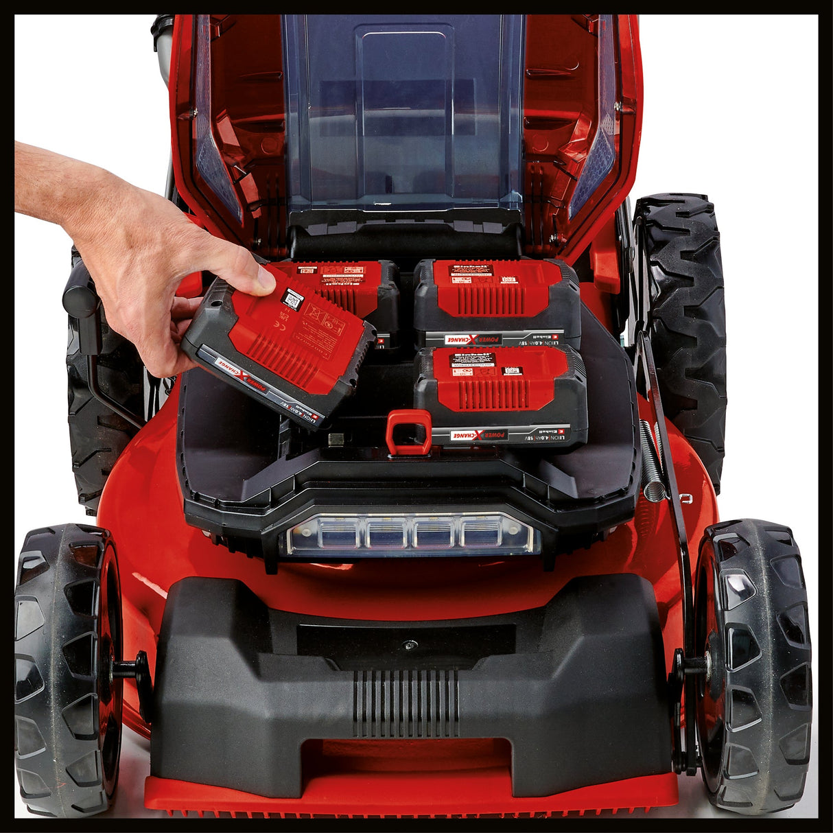 Masina de tuns iarba/gazon pe acumulator Einhell GP - CM 36/47 S Li BL Kit Power X - Change (36 V, latime de taiere 47 cm, pana la 700 m², motor fara perii, colector de iarba de 65 L, incl. 4 baterii de 4,0 Ah + 2 incarcatoare duble Einhell - scule electrice si unelte profesionale - BricoMart