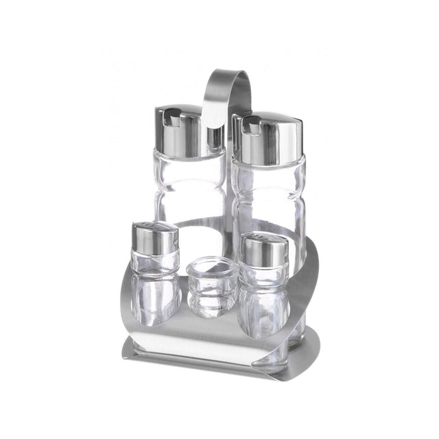 Oliviera solida / Set condimente 5 piese, Hendi, suport inox, recipiente sticla pt sare, piper, scobitori, ulei, otet