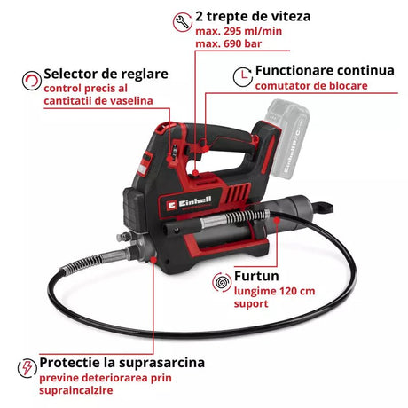 Pistol de gresat pe acumulator Einhell Professional TP-GR 18/690 Li - Solo Power X-Change,18 V, max. 690 bar/10.000 PSI, debit max. 295 ml/min, control cantitate unsoare, 2 viteze - imagine 4