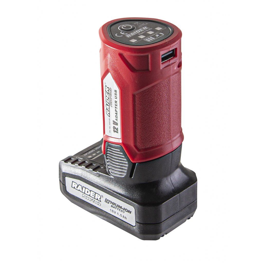 RAIDER Adaptor USB pentru RD 12V - 18V Afisarea starii de incarcare Portul USB furnizeaza 5V / 2.1 A pentru incarcarea telefoanelor, tabletelor, MP3 playere Raider - scule electrice si unelte profesionale - BricoMart