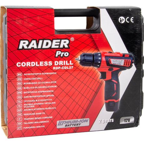 RAIDER Bormasina cu acumulator Li - ion 12V 1x1.5Ah 28Nm RD - CDL27 Mandrina rapida Reductor cu 2 trepte de viteza Functie de schimbare a sensului Iluminarea zonei de lucru cu LED Raider - scule electrice si unelte profesionale - BricoMart