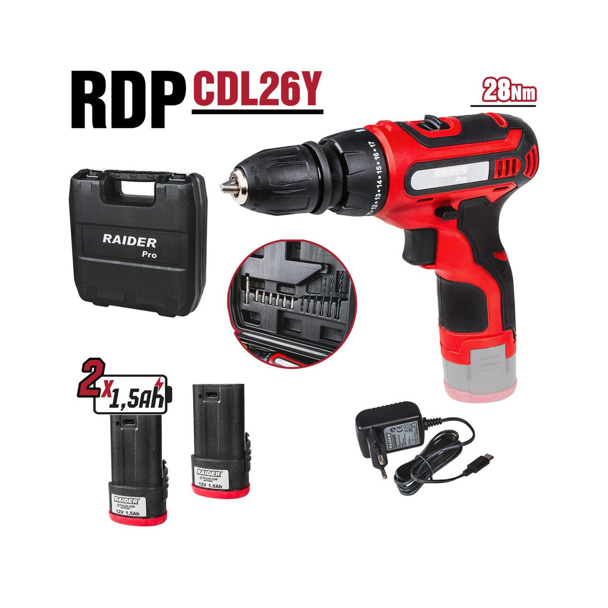 RAIDER Bormasina cu acumulator Li - ion 12V 2x1.5Ah 28Nm RD - CDL26 Mandrina automata cu sistem rapid de schimbare Reductor cu 2 trepte de viteza Functie de schimbare a sensului Iluminarea Raider - scule electrice si unelte profesionale - BricoMart