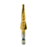 RAIDER Burghiu conic in trepte HEX 1/4" HSS + TIN ø4 - 12mm HEX 1/4 "Coada prindere Frecare redusa si uzura minima Viteza de gaurire cu 40% mai mare Varf cu autocentrare Raider - scule electrice si unelte profesionale - BricoMart