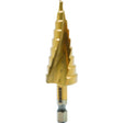 RAIDER Burghiu conic in trepte HEX 1/4" HSS + TIN ø4 - 20mm HEX 1/4 "Coada prindere Frecare redusa si uzura minima Viteza de gaurire cu 40% mai mare Varf cu autocentrare Raider - scule electrice si unelte profesionale - BricoMart