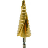 RAIDER Burghiu conic in trepte HEX 1/4 HSS + TIN ø6 - 30mm HEX 1/4 "Coada prindere Frecare redusa si uzura minima Viteza de gaurire cu 40% mai mare Varf cu autocentrare Raider - scule electrice si unelte profesionale - BricoMart