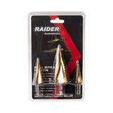RAIDER Burghiu conic in trepte Ø4 - 12,4 - 20,4 - 32mm Set HEX 1/4 "Coada prindere Frecare redusa si uzura minima Viteza de gaurire cu 40% mai mare Varf cu autocentrare Raider - scule electrice si unelte profesionale - BricoMart