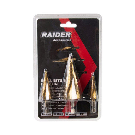 RAIDER Burghiu conic in trepte Ø4 - 12,4 - 20,4 - 32mm Set HEX 1/4 "Coada prindere Frecare redusa si uzura minima Viteza de gaurire cu 40% mai mare Varf cu autocentrare Raider - scule electrice si unelte profesionale - BricoMart
