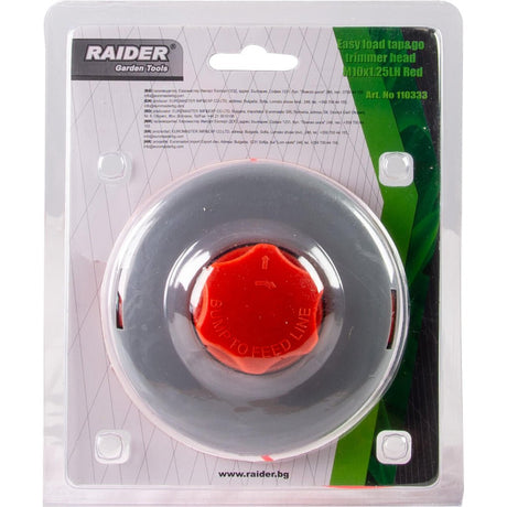 RAIDER Cap de motocoasa cu incarcare usoara M10x1.25LH rosu PA RD Fabricat din poliamidă Diametrul cablului: 2,4 mm Rezistență la uzură și sarcini termice mari Lăstarii mai groși și buru Raider - scule electrice si unelte profesionale - BricoMart