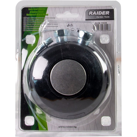 RAIDER Cap de motocoasa cu incarcare usoara universal negru metal P Fabricat din poliamidă Diametrul cablului: 2,4 mm Rezistență la uzură și sarcini termice mari Lăstarii mai groși și buru Raider - scule electrice si unelte profesionale - BricoMart