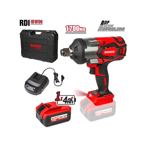RAIDER Cheie de impact brushless 20V3sp.4Ah1700Nm3/4"RDI - IBW06 Motor puternic fara perii pentru eficienta maxima si durata extinsa de viata a bateriei. Cu un cuplu de pana la 1700 Nm, Raider - scule electrice si unelte profesionale - BricoMart