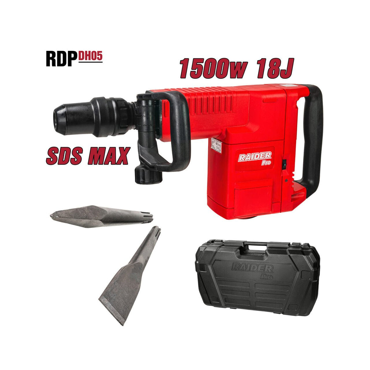 RAIDER Ciocan demolator 1500W 9.5kg SDS - max 18J valiza RDP - DH05 Putere 1500W: Asigură performanță ridicată și eficiență la demolarea materialelor dure Energie de impact 18J: Energia ma Raider - scule electrice si unelte profesionale - BricoMart