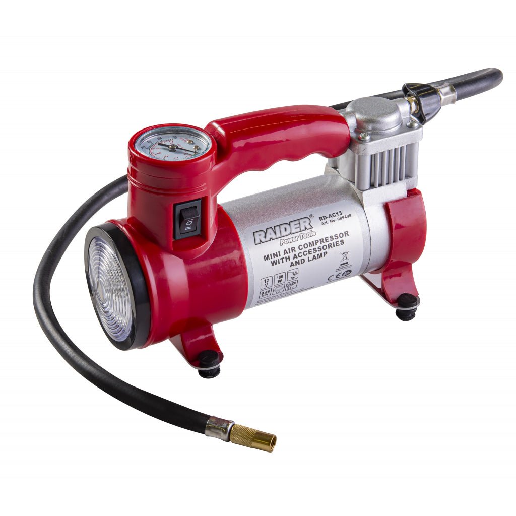 RAIDER Compresor 12Vx180W 35L/min RD - AC13 Cu 3 adaptoare pentru diverse accesorii gonflabile Compresor metalic Raider - scule electrice si unelte profesionale - BricoMart