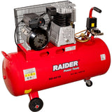 RAIDER Compresor aer pe curea 100l 2.2kW 320l/min 2pistoane RD - AC18 Design clasic si elegant. Consum redus de energie. Prevazut cu roti si maner pentru transport rapid si usor. Include man Raider - scule electrice si unelte profesionale - BricoMart