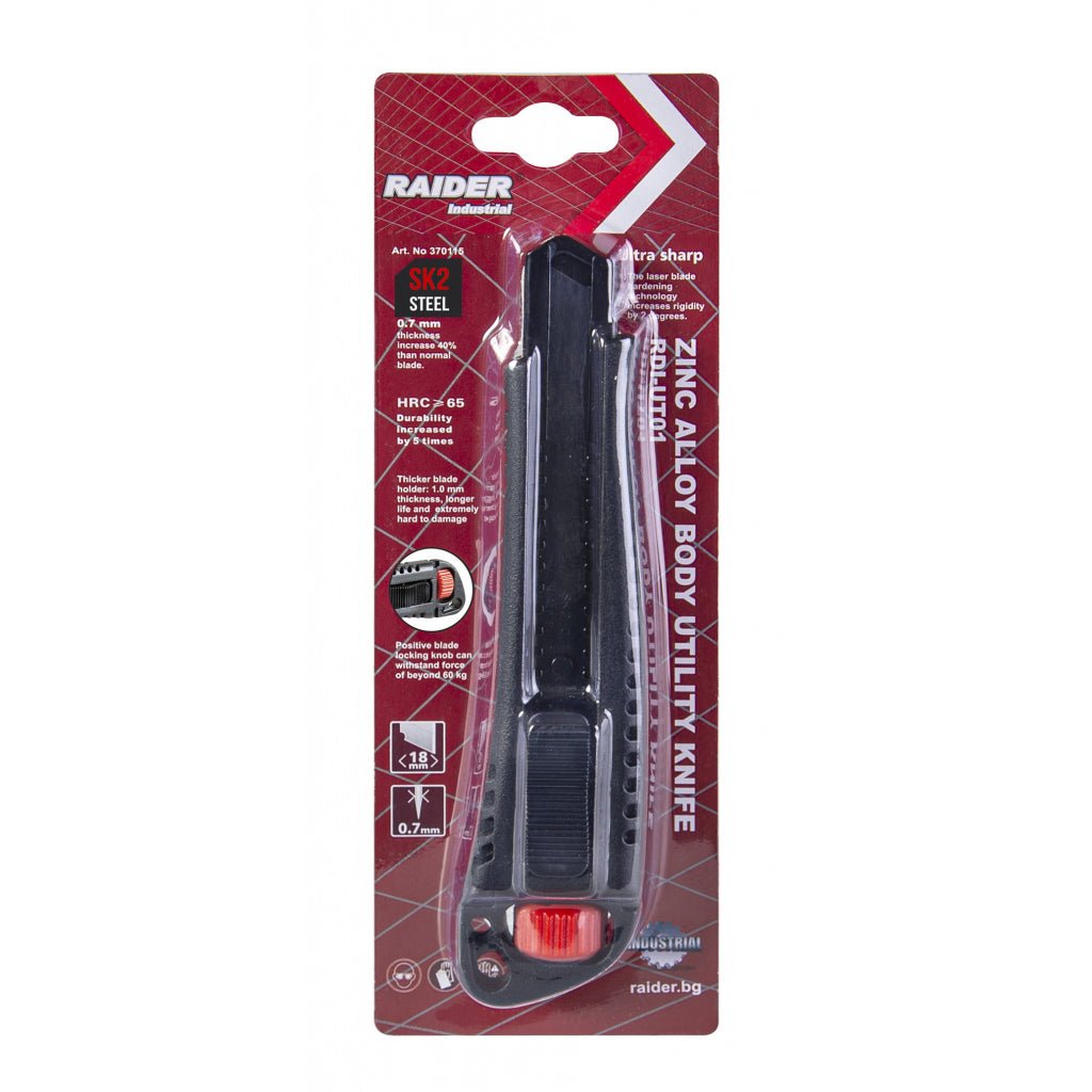 RAIDER Cutter 18 mm- corp metalic RDI Lama este triplu ascutita cu laser Constructie din aliaj de zinc Rezistenta de 5 x mai mare Raider - scule electrice si unelte profesionale - BricoMart