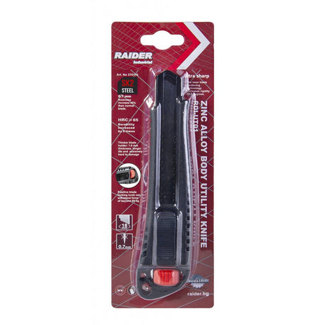 RAIDER Cutter 18 mm- corp metalic RDI Lama este triplu ascutita cu laser Constructie din aliaj de zinc Rezistenta de 5 x mai mare Raider - scule electrice si unelte profesionale - BricoMart