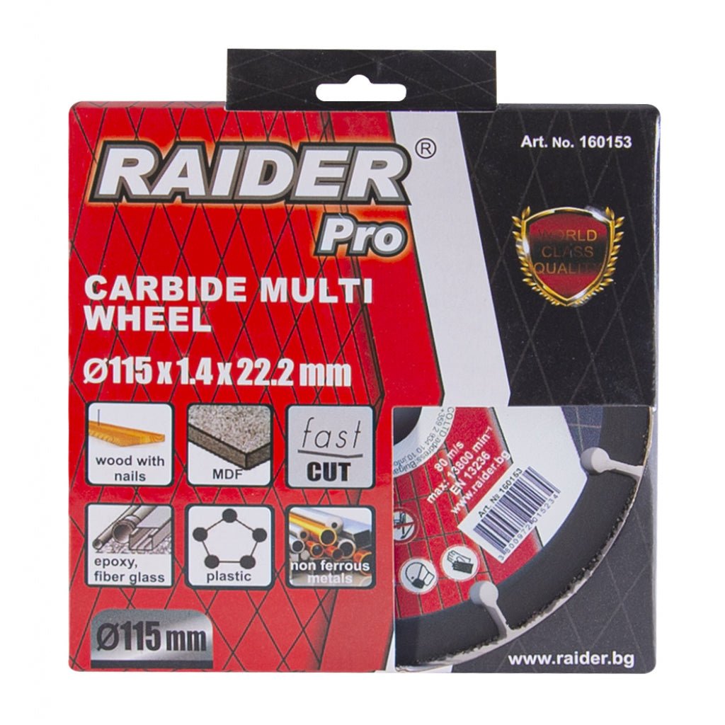 RAIDER Disc debitare multmaterial cu carbura 115x22.2 mm Viteza de taiere extrem de mare Disc cu carburi pentru MDF, materiale neferoase si plastic Viteza periferica maxima: 80 Raider - scule electrice si unelte profesionale - BricoMart
