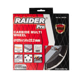 RAIDER Disc debitare multmaterial cu carbura 125x22.2 mm Viteza de taiere extrem de mare Disc cu carburi pentru MDF, materiale neferoase si plastic Viteza periferica maxima: 80 Raider - scule electrice si unelte profesionale - BricoMart