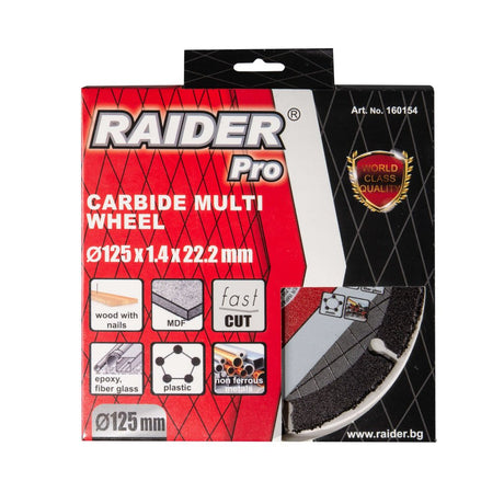 RAIDER Disc debitare multmaterial cu carbura 125x22.2 mm Viteza de taiere extrem de mare Disc cu carburi pentru MDF, materiale neferoase si plastic Viteza periferica maxima: 80 Raider - scule electrice si unelte profesionale - BricoMart