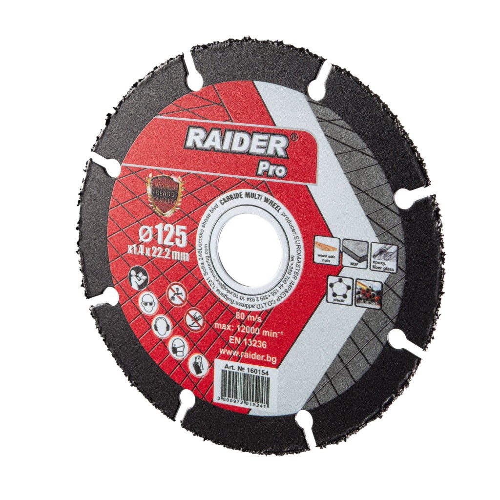 RAIDER Disc debitare multmaterial cu carbura 125x22.2 mm Viteza de taiere extrem de mare Disc cu carburi pentru MDF, materiale neferoase si plastic Viteza periferica maxima: 80 Raider - scule electrice si unelte profesionale - BricoMart
