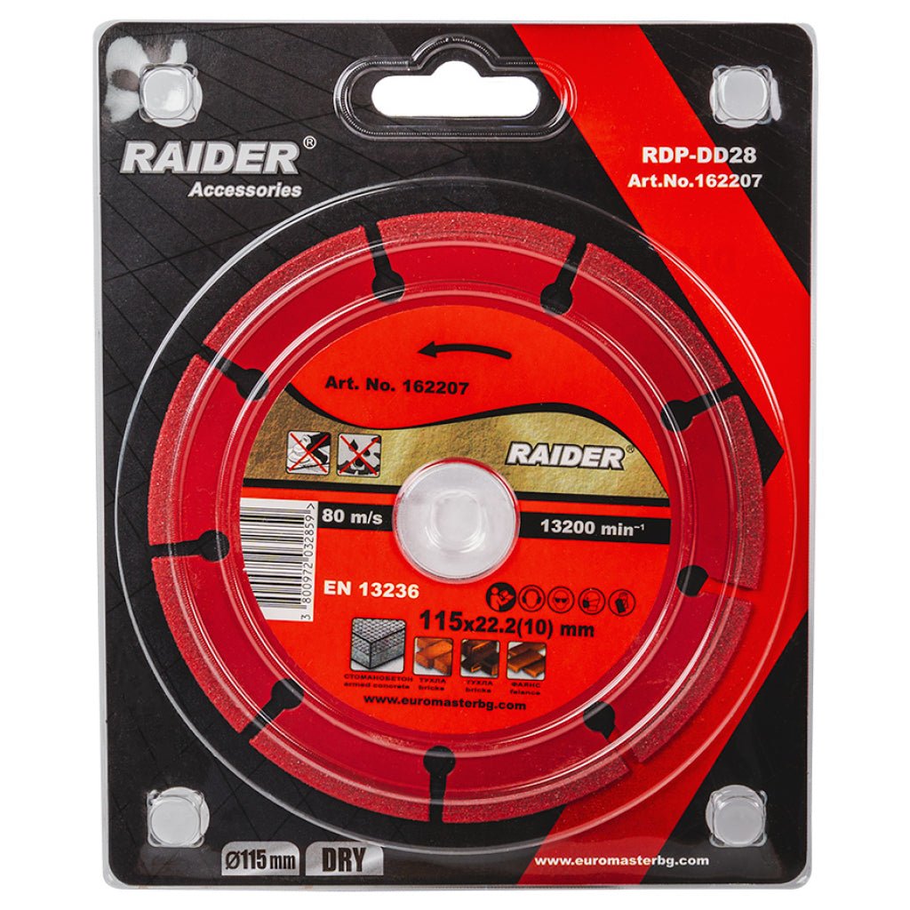 RAIDER Disc diamantat DRY 115x22.2mm 10mm RDP-DD28 Disc pentru taiere uscata Robust si rezistent la uzura Potrivit pentru beton , placi ceramice si caramizi Viteza perifer Raider - scule electrice si unelte profesionale - BricoMart