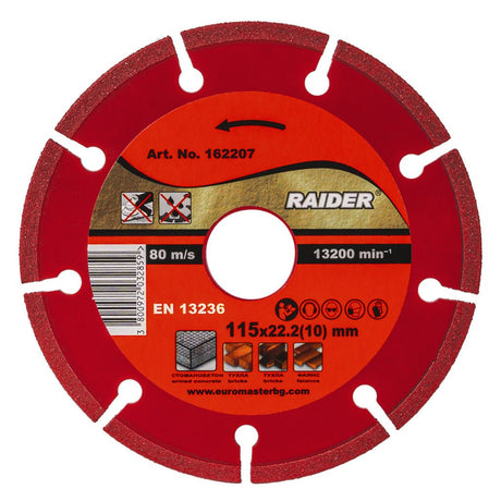 RAIDER Disc diamantat DRY 115x22.2mm 10mm RDP-DD28 Disc pentru taiere uscata Robust si rezistent la uzura Potrivit pentru beton , placi ceramice si caramizi Viteza perifer Raider - scule electrice si unelte profesionale - BricoMart