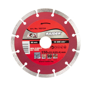 RAIDER Disc diamantat segmentat DRY 150x22.2mm RD - DD23 Conceput pentru tăierea uscată în beton, cărămizi, faianță Viteza periferică maximă: 80 m / s; RPM maxim tolerat: 10200 Raider - scule electrice si unelte profesionale - BricoMart