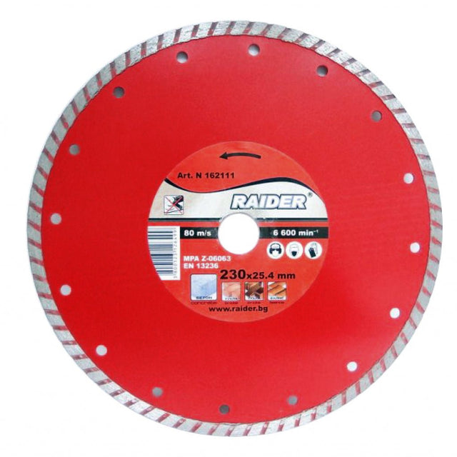 RAIDER Disc diamantat Turbo 230x22.2mm RD - DD08 Potrivit pentru beton , placi ceramice si caramizi Viteza periferica maxima: 80 m / s Raider - scule electrice si unelte profesionale - BricoMart